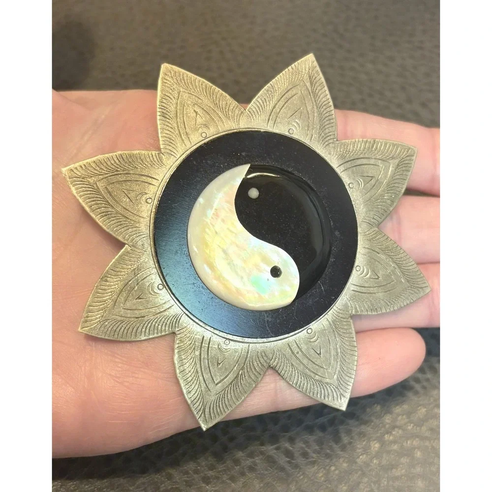 HUGE Yin Yang Symbol Black White MOP Etched Lotus Flower Ethnic Boho Pin Brooch